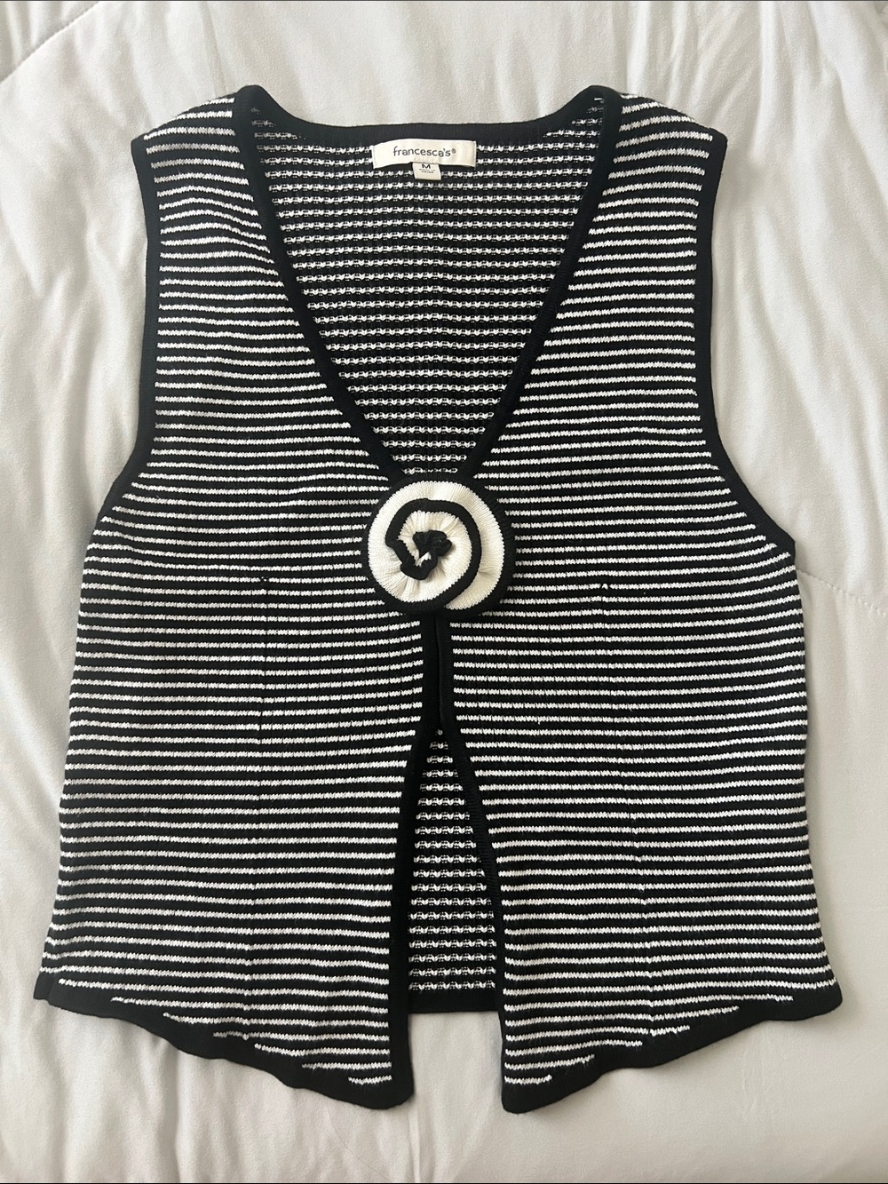 Francesca's Collections Black and White Striped Knit Tank with Flower Accent